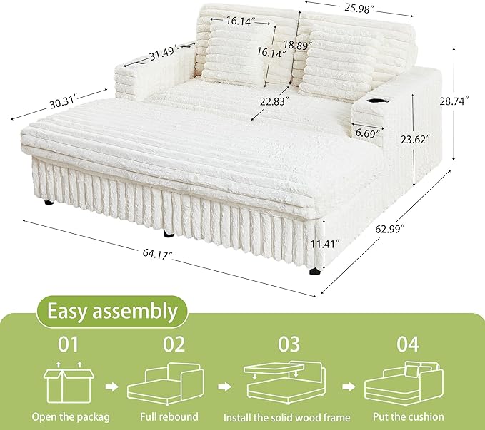 RARZOE 64'' Oversized Chaise Lounge Chair Indoor, Plush Faux Rabbit Fur Sleeper Sofa Bed with 4 Pillows, Charging Station & Cup Holders, Fluffy Comfy Cloud Couch Loveseat Sofa for Living Room,Beige