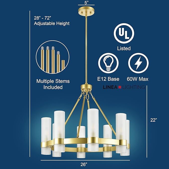 Linea di Liara Teramo Gold Chandelier Dining Room Light Fixture Small Wagon Wheel Chandelier Round Industrial Modern Farmhouse Chandeliers for Dining Room Foyer, Frosted Glass, UL Listed