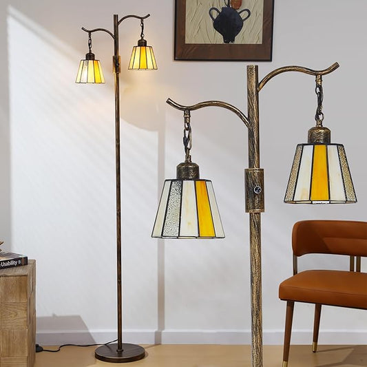 Vintage Dimmable Floor Lamp, Tiffany Standing Lamp with 2 Stained Glass Shades, Rustic Farmhouse Floor Lamp with Bronze Finish for Living Room Bedroom