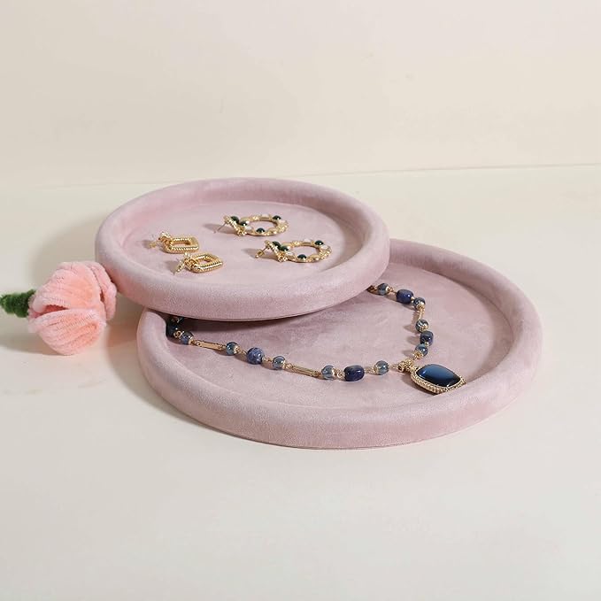 GemeShou Round Jewelry Organizer plate, Top Microfiber velvet Jewerly display tray, Empty Jewelry showcase tray for Necklace Bracelet Ring Earring display stand holder (Pink-Large, 9.8 x 9.8 in)