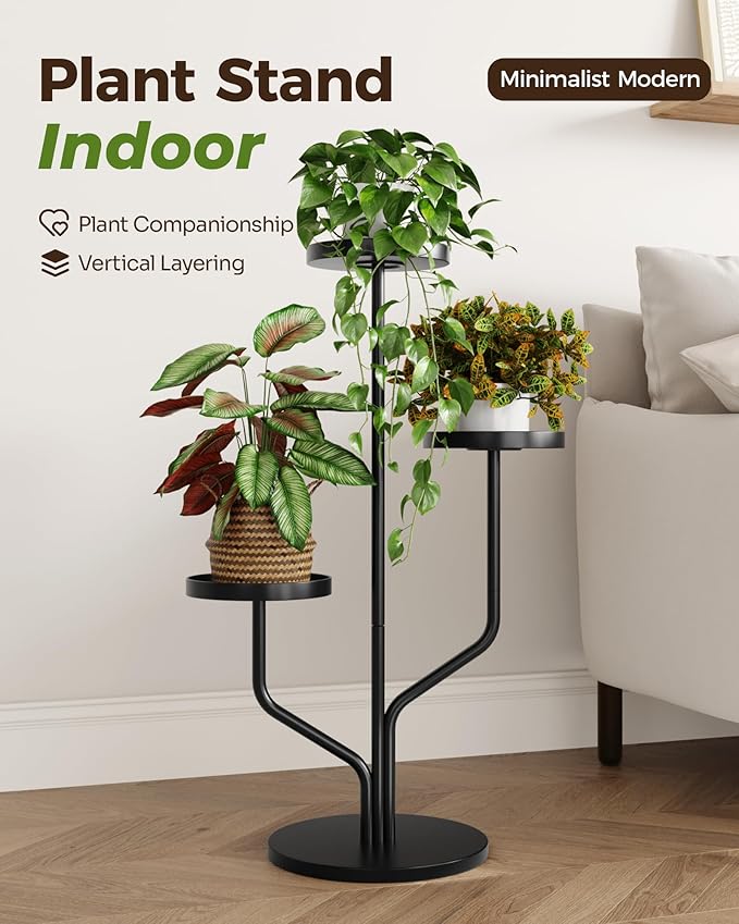 Bamworld Plant Stand Indoor Outdoor 3 Tier Metal Plant Shelf for Multiple Plants Pots Tier Tall Flower Holder for Living Room,Bedroom Decor,Balcony,Black