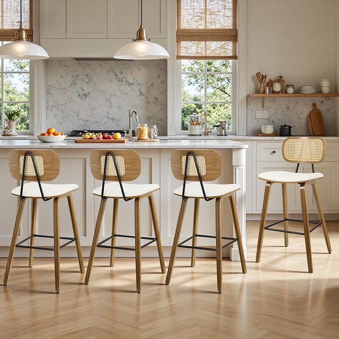 Counter Height Bar Stools Set of 4, 26" Mid Century Modern Rattan Bar Stools for Kitchen Counter PU Leather Upholstered Barstool with Wood Legs, Counter Height Island Stool Chair, Cream White & Walnut