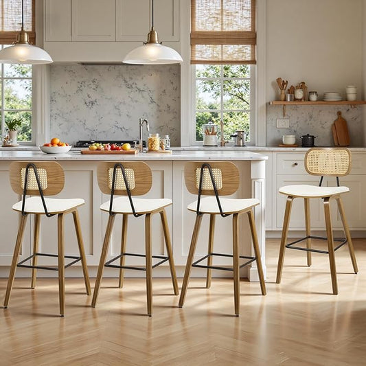 Counter Height Bar Stools Set of 4, 26" Mid Century Modern Rattan Bar Stools for Kitchen Counter PU Leather Upholstered Barstool with Wood Legs, Counter Height Island Stool Chair, Cream White & Walnut
