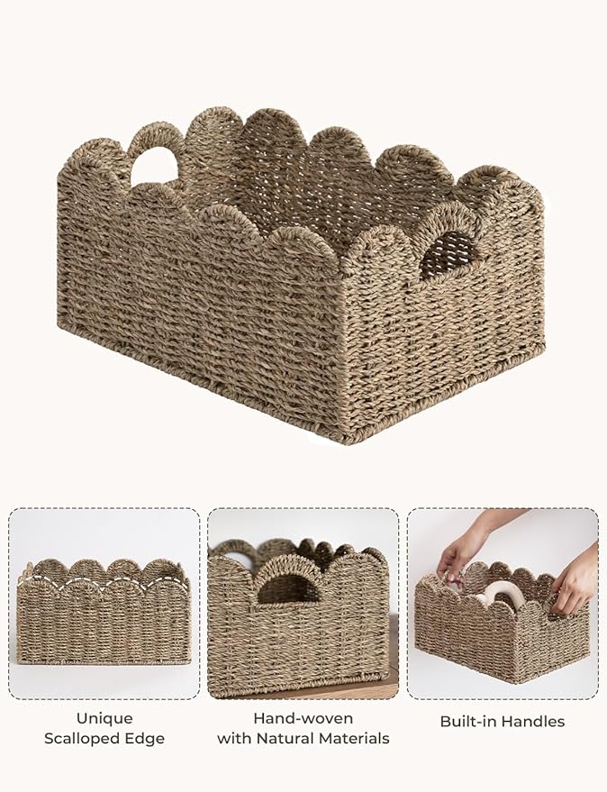 StorageWorks Scalloped Edge Wicker Basket, Hand-woven Rattan Baskets with Built-in Handles, Seagrass Basket for Organizing and Decor, 2 Pack