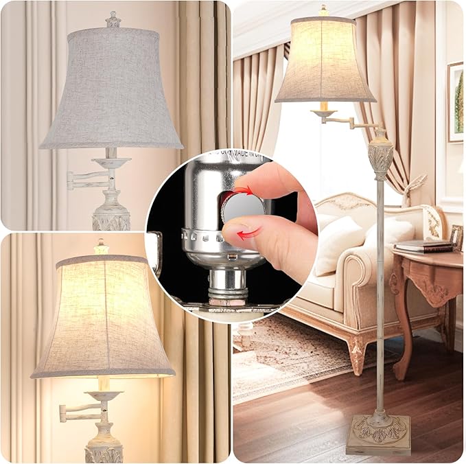 Traditional LED Floor Lamp with 350° Adjustable Swing Arm Lamp – Vintage Pole lamp Swing arm for Living Room, Bedroom and Office – Rustic Upright Floor Light for Home Décor with Faux Silk Fabric Shade