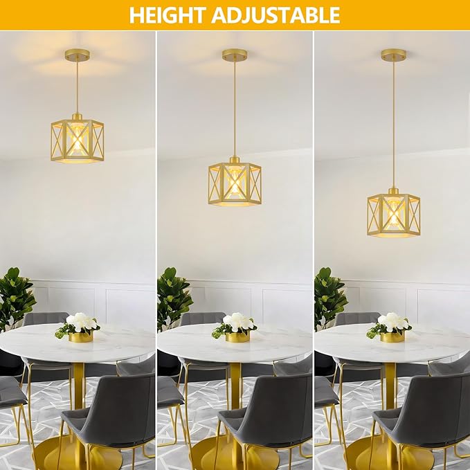 2 Pack Gold Pendant Lights, Modern Farmhouse Hanging Light Fixture with Hexagonal Cage, Vintage Brass Metal Ceiling Lights, Adjustable Lantern Pendant Lighting for Kitchen Island Sink Hallway