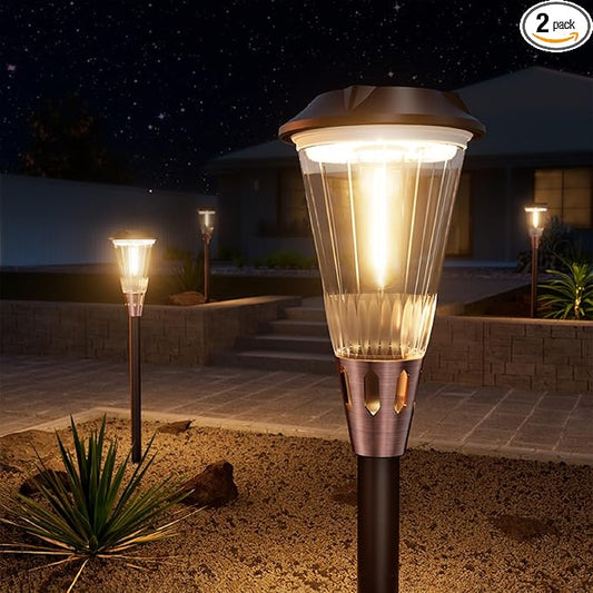 2-in-1 Warm&Cool Solar Pathway Lights Outdoor, 2 Pack Solar Garden Lights Waterproof IP65, Auto On/Off Outdoor Light for Yard Garden Walkway Landscape Lighting
