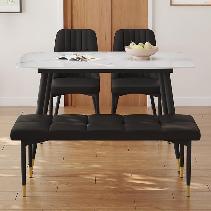 White Marble Dining Table Set for 4 with Chairs and Bench Modern Kitchen Table 2 Upholstered Chairs and Bench 4 Pcs Dining Table Set for Small Space Apartment