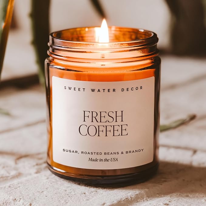 Sweet Water Decor Fresh Coffee Soy Candle - Caramel Creme, Mocha Latte and Kona Coffee Scented Candles for Home - 9oz Amber Jar + Black Lid, 40+ Hour Burn Time, Made in The USA