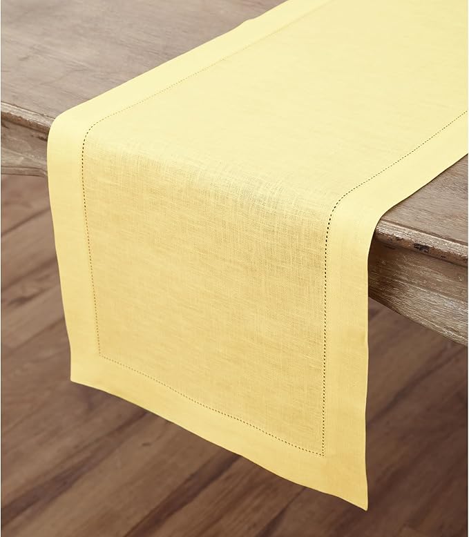 Solino Home Linen Table Runner 90 Inches Long - Classic Hemstitch 100% Pure Linen Yellow Dining Table Runner 14 x 90 Inch