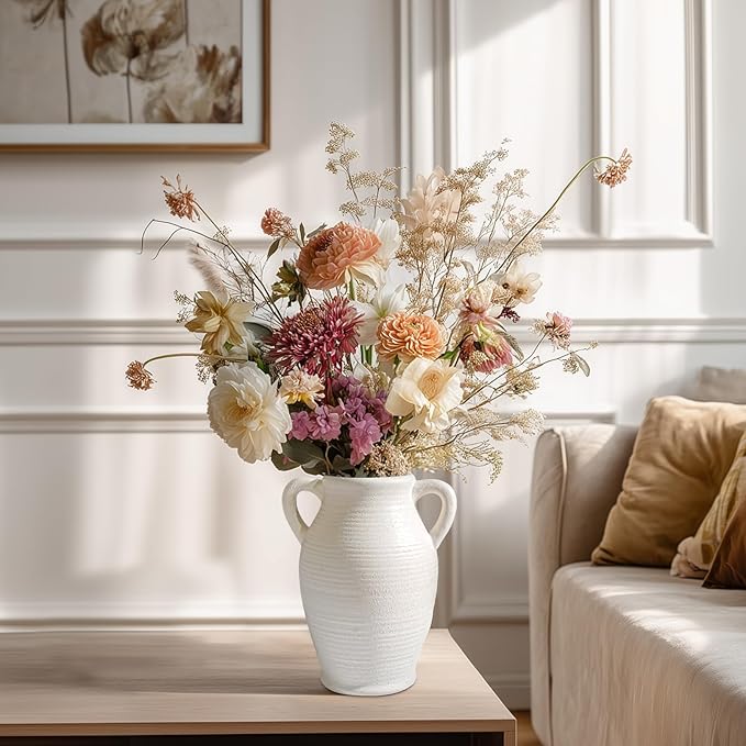 Sunddo White Ceramic Vase for Home Decor, 8 inch Farmhouse Flower Vase with 2 Handles, Rustic Boho Pottery for Room Decor Aesthetic, Bathroom Table Fireplace Decorative