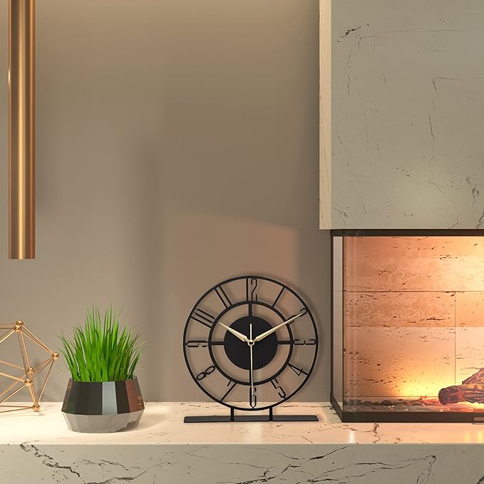 Metal Table Clock | 8.9 x 9.5 inch Size Round Silent Running Metal Black Clocks | Living Room and Bedside Suitable Table Decorations for Home and Office