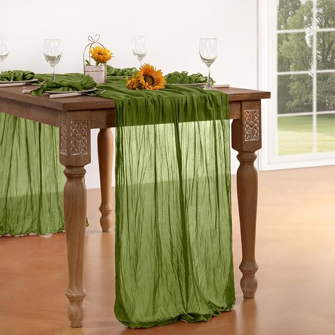 Olive Green Cheesecloth Table Runner Fall Table Runner Boho Gauze 120 Inches Green Fall Cheese Cloth Table Decorations for Thanksgiving Wedding Bridal Baby Shower Tea Party
