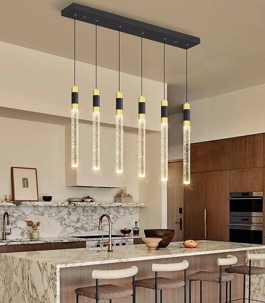 6-Lights Modern Rectangular Chandeliers for Living Room LED Dimmbale Light Fixture Entryway High Ceiling Light Pendants Lighting for Dining Room