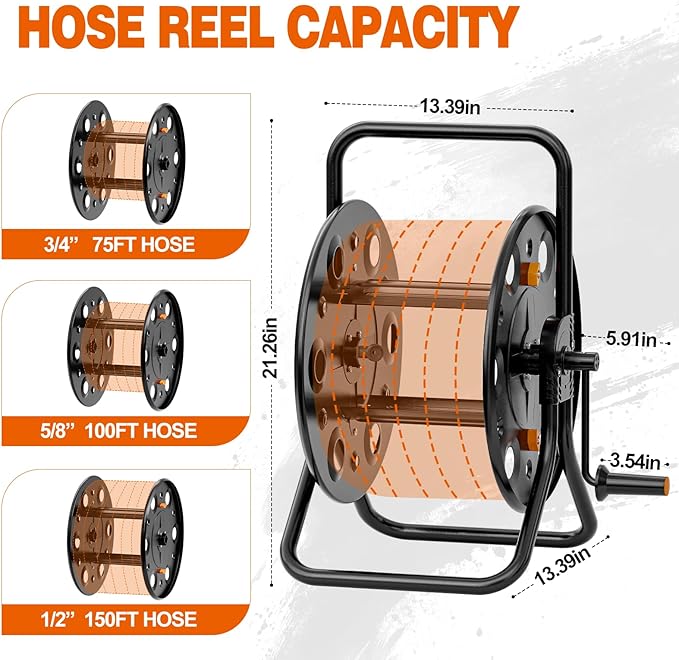 Metal Garden Hose Reel, Portable Outdoor Floor Stable Water Pipe Holder Freestanding, Holds 100-150 Ft of Hose Storage Capacity, UV Resistance, Hose Winder for Outside, Irrigation, Cleaning