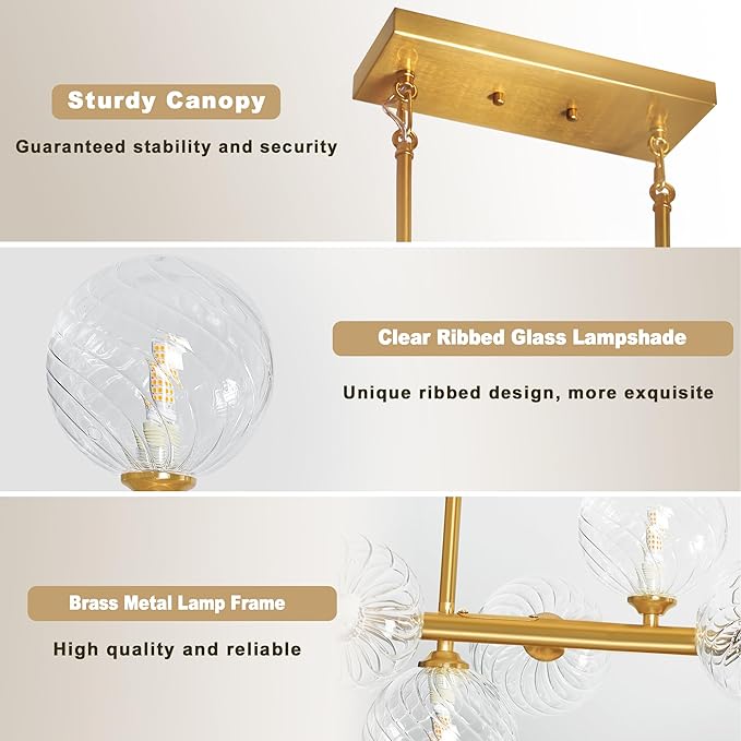 Modern Chandeliers for Dining Room Clear Glass 55" Large Dining Room Light Fixture, Gold Linear Sputnik Chandeliers Farmhouse Chandelier Kitchen Island, Electroplated Brass and Swirled Globe Shade