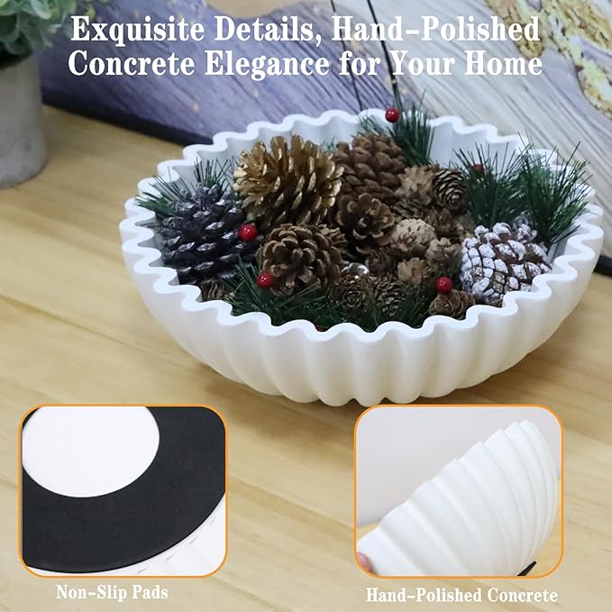 Decorative Bowl for Home Decor - White Large Decorative Fruit Bowls for Coffee Table - Scalloped Ruffle Centerpiece key Bowl for Entry Table - Morden Round 10" Aesthetic Decor