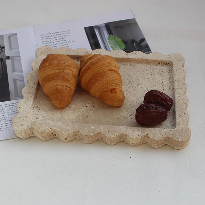 Natural Luxury Scalloped Marble Tray 10.8"x8", Rectangle Vanity Tray for Bathroom Kitchen Counter, Decorative Tray for Dresser Home Decor - Beige Travertine