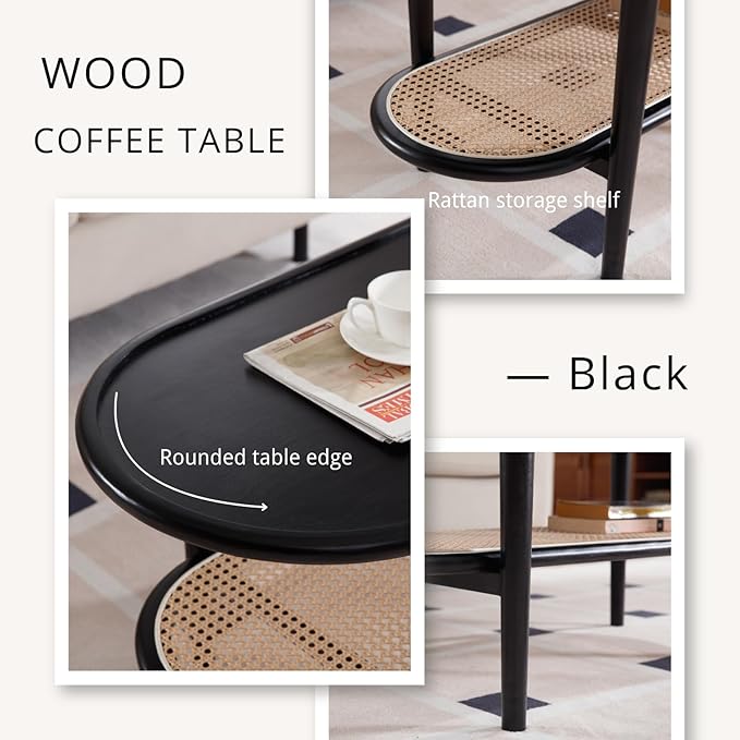 Modern Rattan Coffee Table, 39.5 Oval Black Wood Coffee Table with Storage Shelf for Living Room, 2-Tier Center Table Entryway Table Side Table Nightstand for Bedroom Office Small Space Cafe