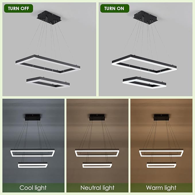2 Rings Modern LED Chandelier Black 23.6inch Rectangle Dimmable LED Pendant Light with Remote Control 2 Tier Flush Mount High Ceiling Light for Dining Living Room Foyer(3000K-6500K, H59)