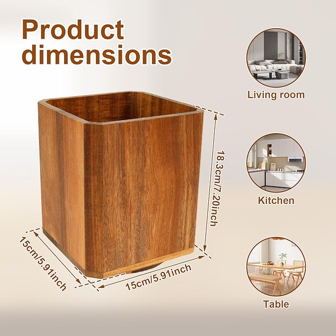 1Pc Wood Utensil Holder 360° Rotating Acacia Utensil Crock Multipurpose Cooking Spoon Spatula Organizer Kitchen Tool Storage for Countertop