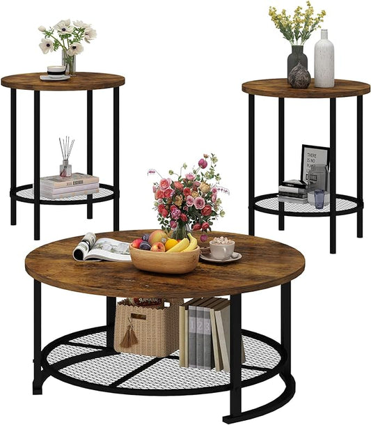 Recaceik Round Coffee Table and End Table Set of 3 with Storage, Modern Vintage Dark Brown Coffee Table and Side Table for Living Room, Office, Apartment, Small Space