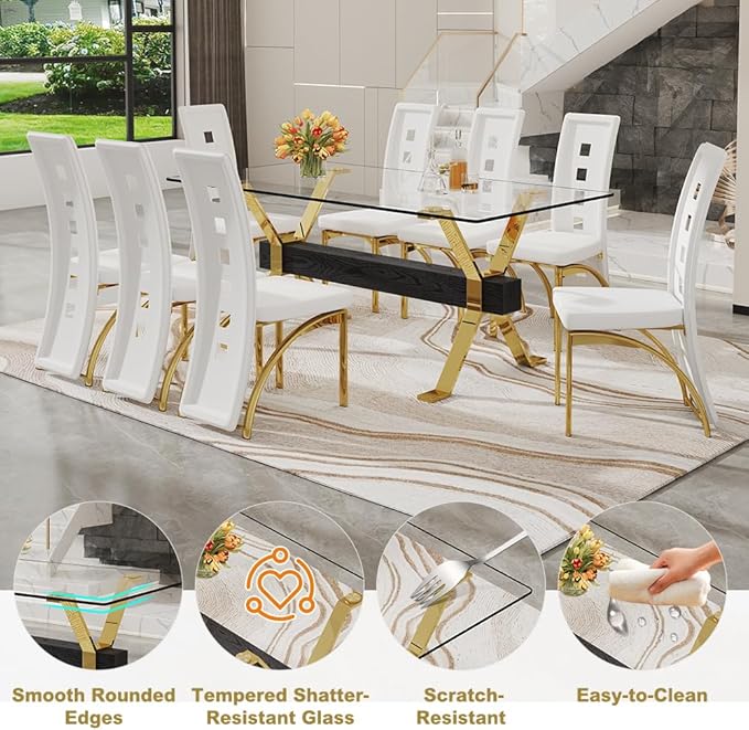 71'' Glass Dining Table Set for 8,9 Piece Dining Table Set with Open‑Frame X‑Shaped Golden Metal Base,Gold Kitchen Table and Chairs Ideal for Dining Room&Home Office