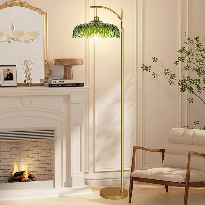 Glass Floor Lamp for Living Room,Bedroom,Gold Standing Lamp with Remote,Dimmable Brass Mid Century Modern Tall Lamp Vintage Retro Green Floor Lamps Boho Flower Floor Light Arc Bohemian