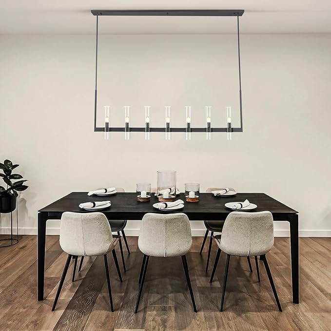 Modern Black Linear Chandelier 59 in,Linear Chandeliers for Dining Room 7 Light, Adjustable Rod Glass Linear Chandelier Over Dining Table, Kitchen Island, Includes Bulbs