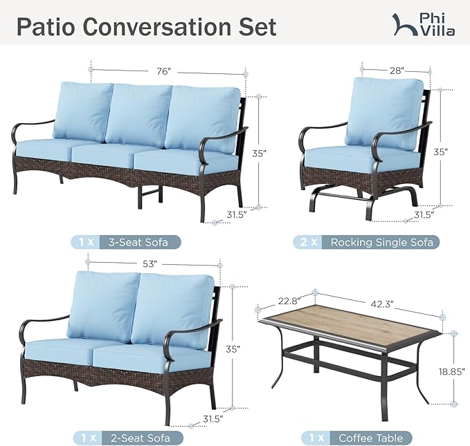 PHI VILLA Outdoor Modern Patio Furniture Set, Upgraded Wicker&Metal Patio Furniture Conversation Set with Waterproof Thick Cushions for Porch, Poolside, Deck, and Yard (5 Pieces,Blue)