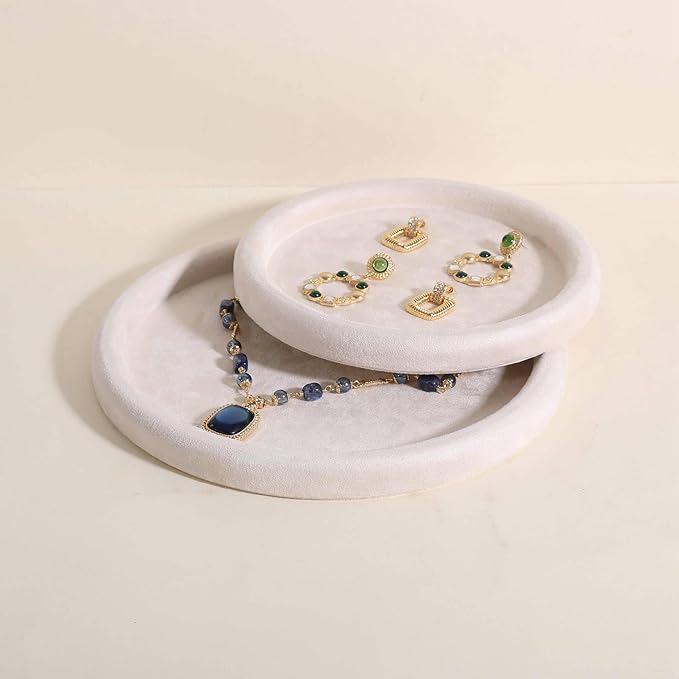 GemeShou Round Jewelry Organizer plate, Top Microfiber velvet Jewerly display tray, Empty Jewelry showcase tray for Necklace Bracelet Ring Earring display stand holder (Cream-Large, 9.8 x 9.8 in)