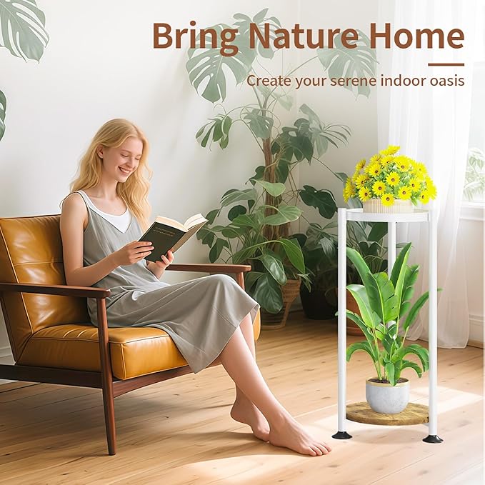 LASZOLA 2 Tier White Plant Stand Indoor for Large Tall Heavy Duty Flower Planter, Metal Vertical Multi Level Rack for Narrow Floor Corner, Sturdy Round Holder Organizer, Modern, Mid Century, Farmhouse