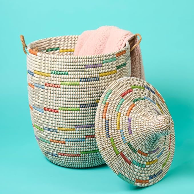 Basket for Decor, Organizing, Storage - Living Room Blankets, Nursery Toys, Laundry, Towels, Pillows, Comforter, Cushion - Wicker, Woven, Round, Lid and Handles, Colors on White, Medium