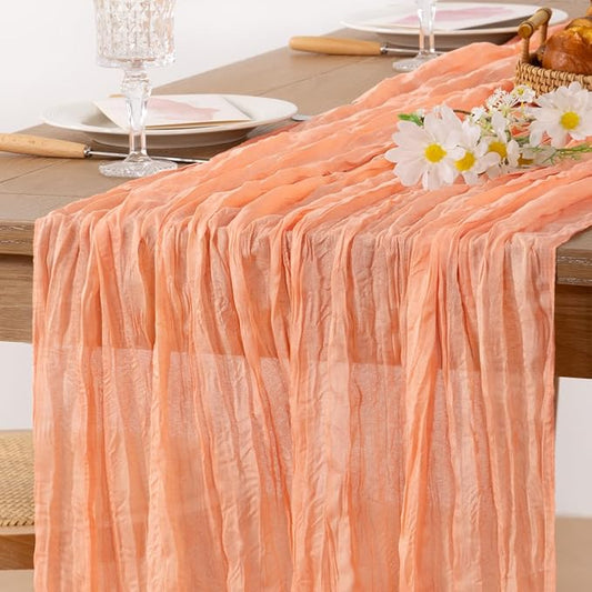 MLMC Peach Pink Cheesecloth Table Runner 10ft Rustic Fall Gauze Coral Cheese Cloth Table Runner 35x120 Inches for Wedding Bridal Baby Shower Thanksgiving Party Decor