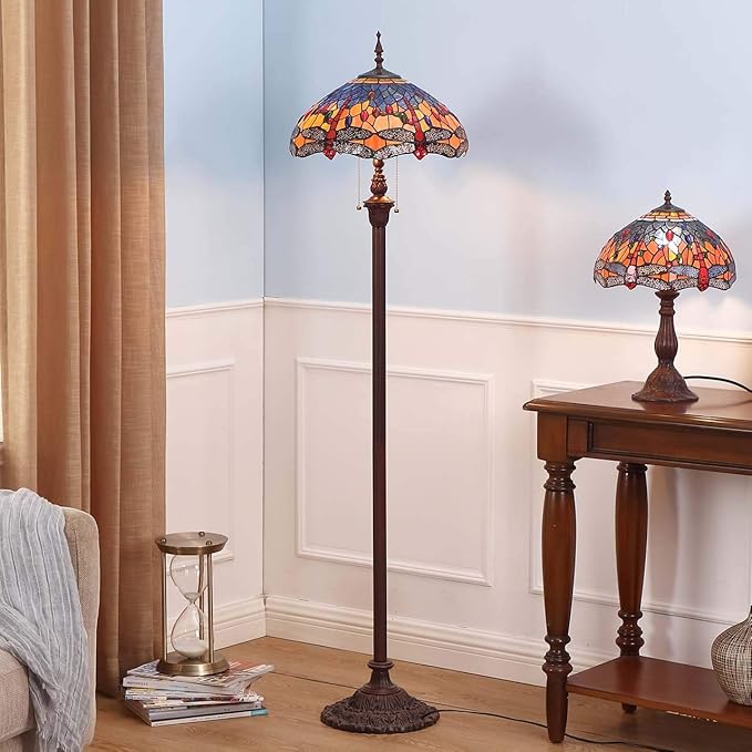 Bieye L10703 Dragonfly Tiffany Style Stained Glass Floor Lamp with 16 Inch Wide Complex Design Lampshade and Metal Base, Orange Blue, 65 Inch Tall