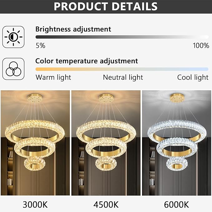 23.6" 3 Ring Crystal Chandelier Modern LED Dimmable Ring Pendant Light Round Chandelier for Dining Room Living Room Gold