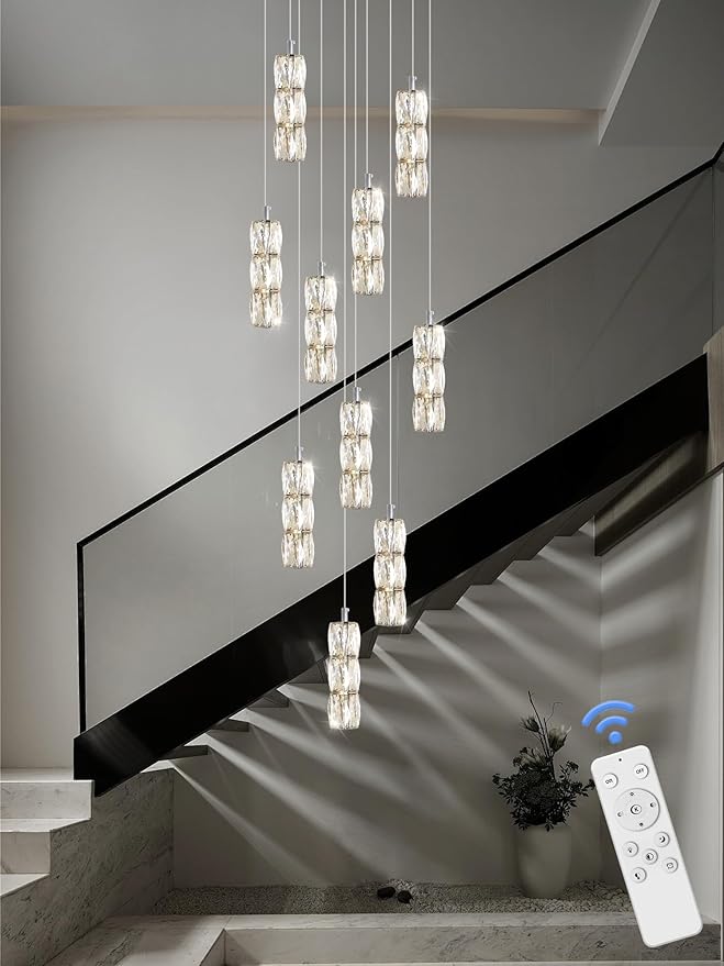 Long Staircase Crystal Pendant Chandeliers 10-Lights Silver Column Crystal Chandeliers Foyer Entrance High Ceiling Hanging Chandelier 2700-6000k Dimmable Fixtures LED Big Chandeliers