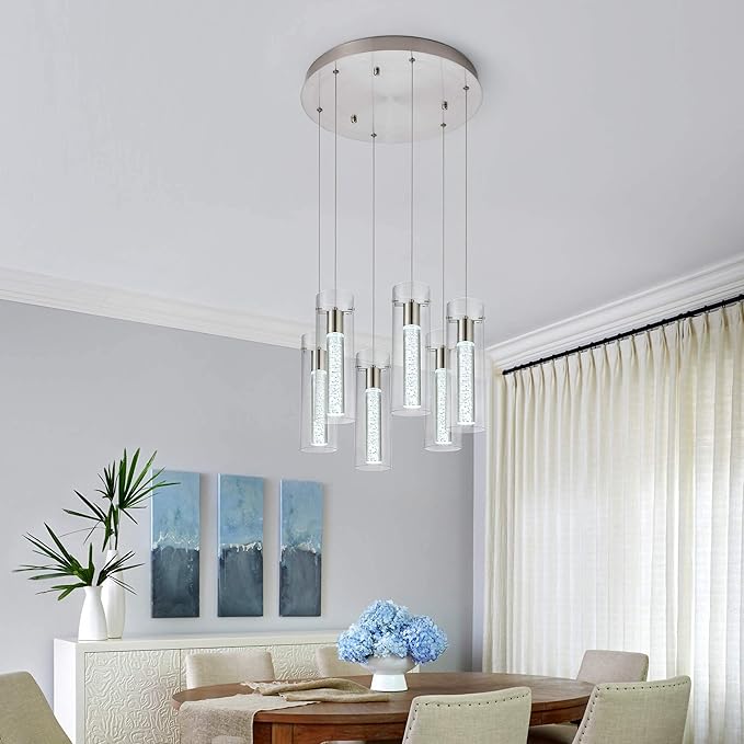 Pendant Lights Kitchen Island Kitchen Lights Modern Crystal Bubble Glass Pendant Ceiling Light Fixture for, Dining Room, and Restaurant - 48W Integrated LED Hanging Light Dimmable.(6-Light)