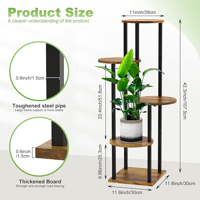 5 Tier Wood Tall Plant Stand Metal Rack Indoor, Multiple Flower Pot Holder Shelves Corner Rack, Round Planter Shelf Display Rack Storage Organizer for Patio Living Room Balcony(Black)