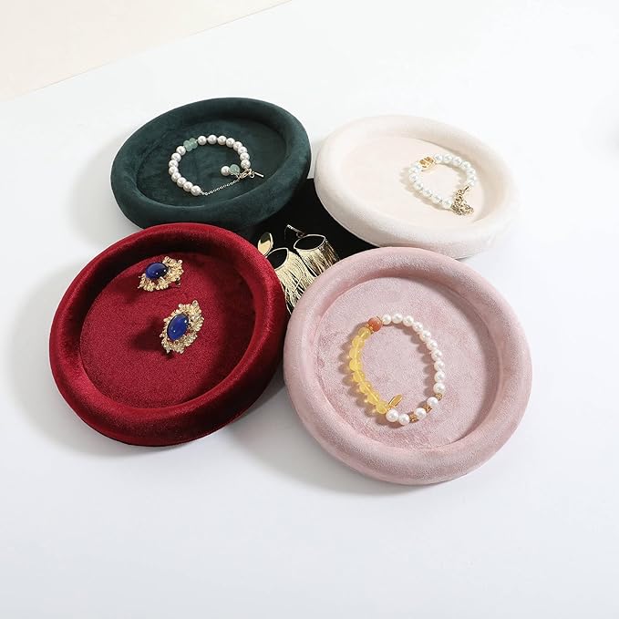 GemeShou Round Jewelry Organizer plate, Top Microfiber velvet Jewerly display tray, Empty Jewelry showcase tray for Necklace Bracelet Ring Earring display stand holder (Pink-Small, 5.9 x 5.9 in)