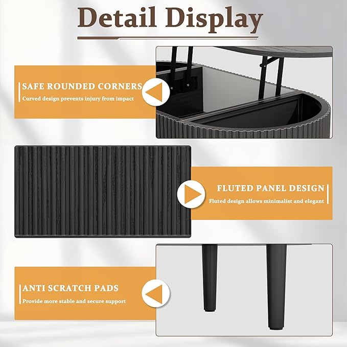 EAG Fluted Lift Top Coffee Table with Hidden Compartment, 39 Inch Modern Oval Coffee Table with 3 Storage, Fully Wooden Assembled Center Table for Living Room, Office, Black