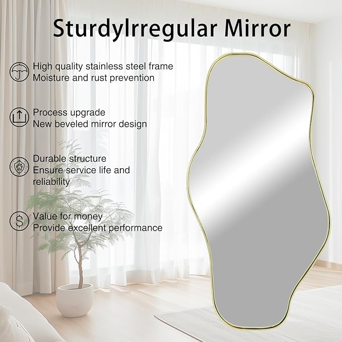 Irregular Wall Mirror, 47.2"x21.5" Asymmetrical Mirror with Gold Metal Frame, Cloud Shaped Waved Decorative Mirrors for Living Room Bathroom Bedroom Hallway Entryway Fireplace
