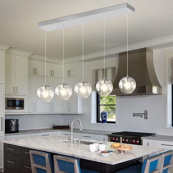 5-Lights Modern Rectangle Chandelier Globe Pendant Light,Chrome Linear Globe Chandeliers for Dining Room and Kitchen Island