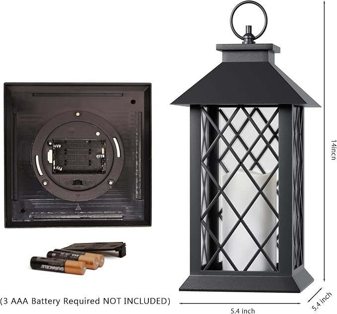 Lanterns Decorative Indoor, 14" Battery-Powered Waterproof Black LED Candle Lanterns with Timer for Patio & Outdoor, Vintage Hanging Lantern for Home & Wedding, Diamond