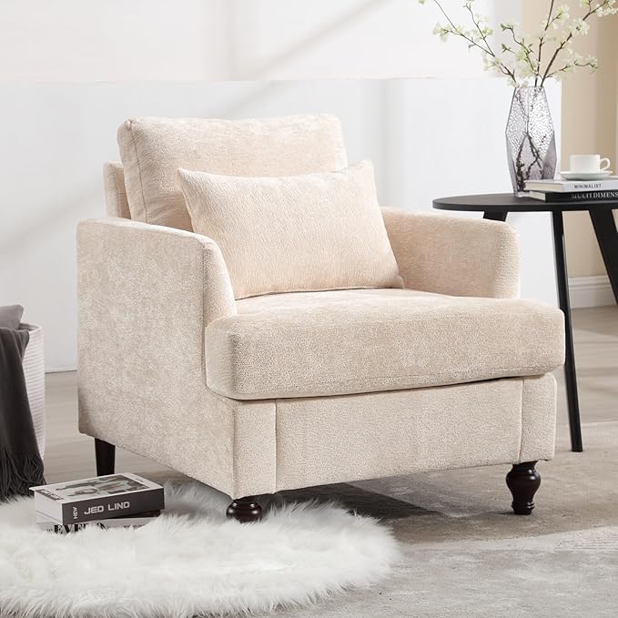 Furnilivng Mid-Century Modern Accent Chair, Comfortable Chenille Lounge Armchair, Upholstered Cozy Single Sofa Chair for Living Room, Bedroom, Reading Room, Home Office, Beige