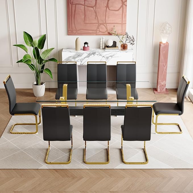 9 Piece Glass Dining Table Set, Kitchen Table Chairs Set for 8, 71'' Dining Table with 0.4" Tempered Glass Tabletop with Plated Metal Legs and MDF Crossbar, 8 PU Chairs for Dining Room, Kitchen.
