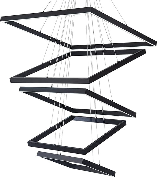 Square Led Chandelier Modern Led Hanging Light 5-Rings Contemporary Ceiling Pendant Light Dimmable Pendant Light for Living Room Kitchen Dining Room 15.7"+19.6"+23.6"+27.5"+31.4" Black