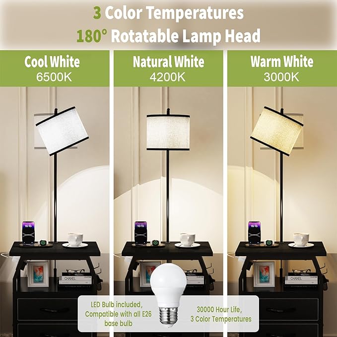 Floor Lamp with Table Set of 2, End Tables with Lamps Attached 3-Color Temperature Bulb, Side Table with Lamp with 3 Drawers & Charging, Lamps Tables Combo for Bedroom, Dorm - Black