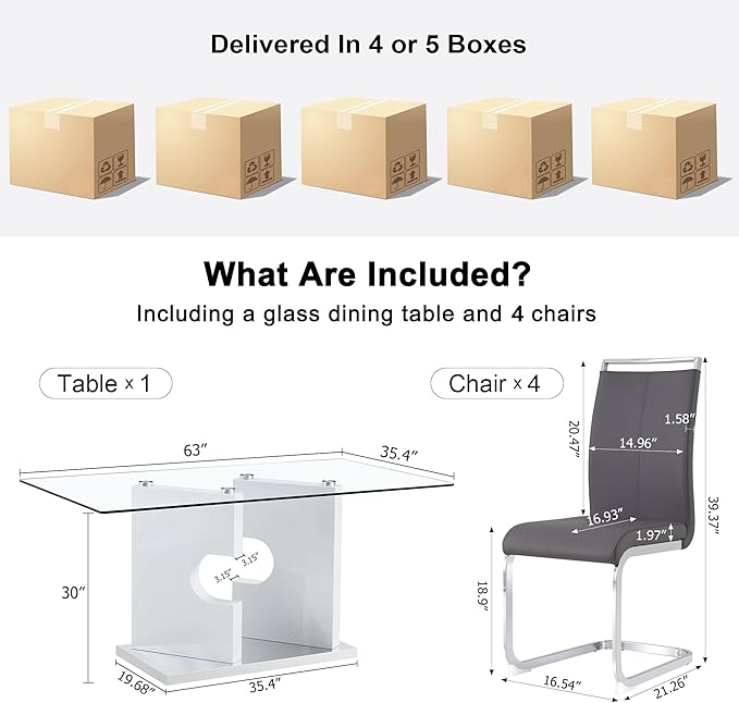 Glass Dining Table Set of 4, 63" Dinner Room Glass Table Set for 4, Modern Kitchen Dinner Table Set with 4 Upholstered Faux Leather Dining Chairs for Living Dining Office Room