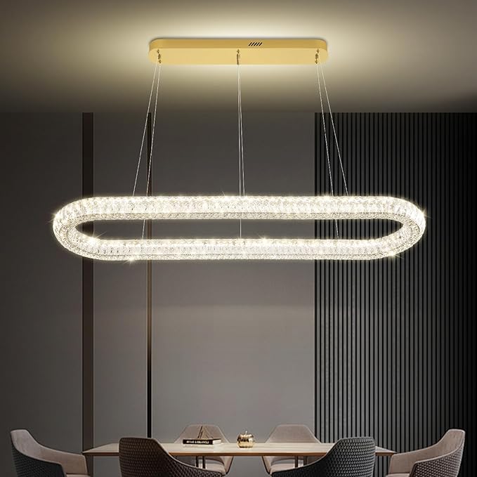 Oval Crystal Chandelier, 55'' Gold Crystal Ring Pendant Light for Kitchen Island Modern Linear Oval Chandeliers for Dining Room Dimmable 3000K-6000K